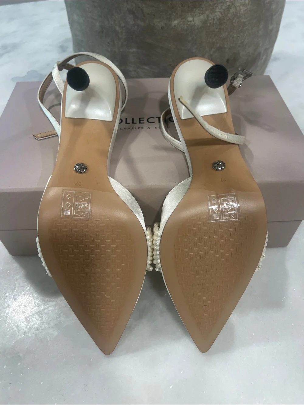 Charles & Keith Ivory Pearl-Embellished Pointed Toe Ankle-Strap Wedding Heels